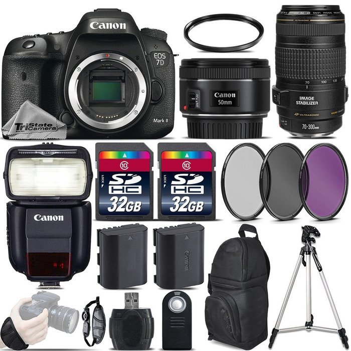 Canon EOS 7D Mark II DSLR Camera + 50mm 1.8 STM Lens + Canon 70-300mm IS USM Lens + Canon Speedlite 430EX III... N2