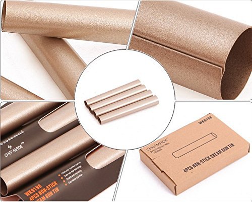 Astra Gourmet 4pcs Nonstick Carbon Steel Round Danish Bread Tube Mold Cannoli Forms, 5.3" x 0.8", Champagne Gold N3