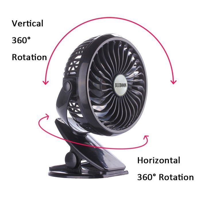 BLUBOON Rechargeable Battery Clip on Fan, Quietness, Adjustable (Black)