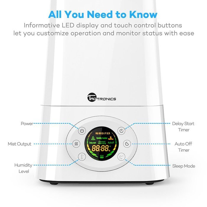 Cool Mist Humidifier with LED Display, TaoTronics Ultrasonic Air Humidifers with Large 5L Capacity, Adjustable...