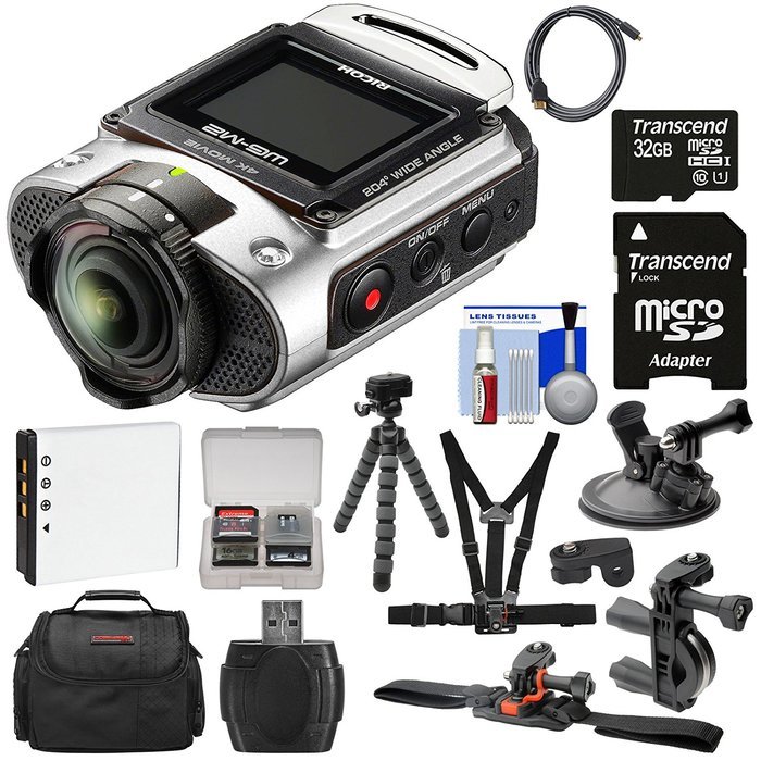 Ricoh WG-M2 Wi-Fi 4K Ultra HD Video Action Camera Camcorder (Silver) + Bike, Helmet, Suction Cup, & Chest Mounts... N3