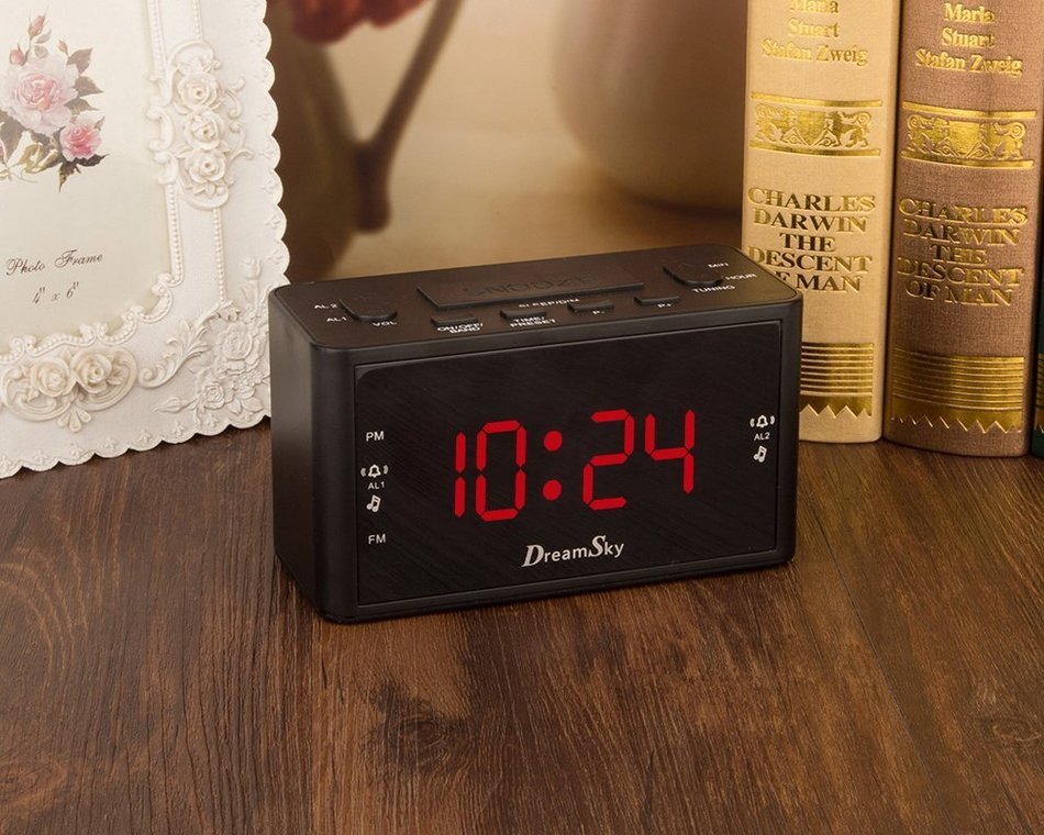 DreamSky Large Display Dual Alarm Clock With AM/FM Radio ,Battery Backup ,Sleep Timer And Snooze , 2 Dimmer Optional N5