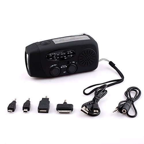 Emergency Solar Hand Crank Self Powered AM/FM/WB Weather Radio, LED Flashlight, Smart Phone Charging USB Cables N3