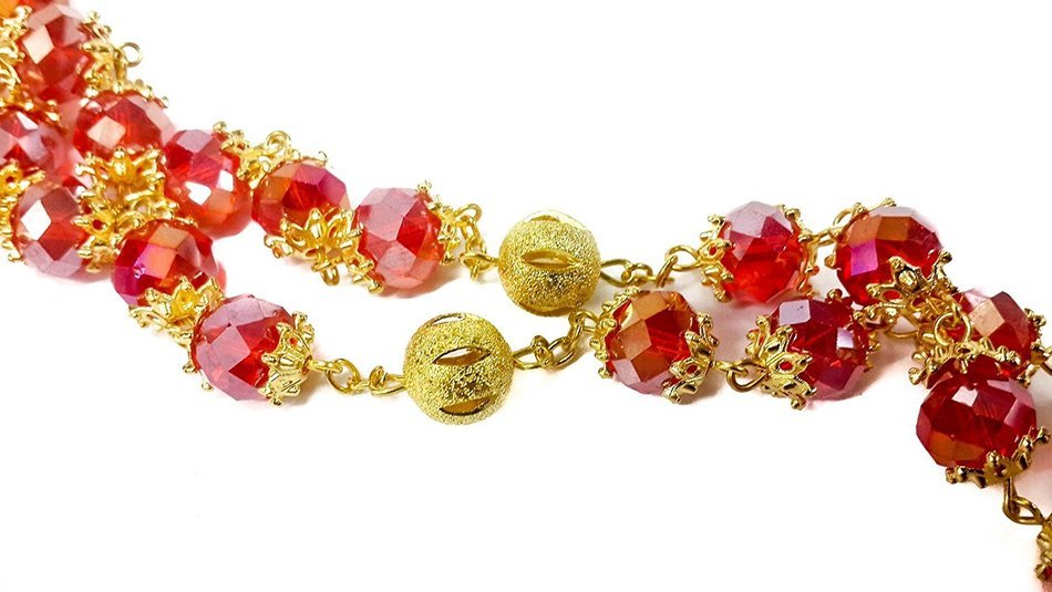 High Quality St. Benedict Gold Plated Red Crystals Beads Rosary Miraculous Medal N3