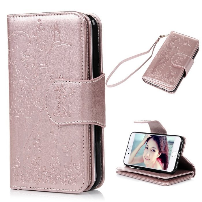 Badalink iPhone 7 Wallet Case (4.7") 9 Card Slots Plastic Mirror Flip Stand Case Embossed Flower Girl PU Leather... N11