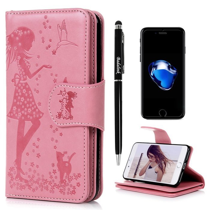 Badalink iPhone 7 Wallet Case (4.7") 9 Card Slots Plastic Mirror Flip Stand Case Embossed Flower Girl PU Leather... N14