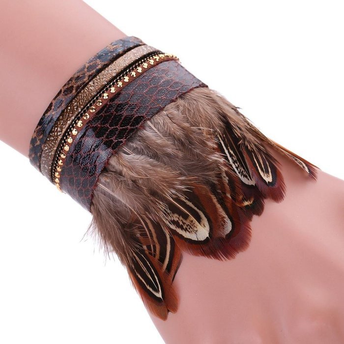 AutumnFall&reg; Women Leather Feather Detail Wrist Cuff Wrap Band Trendy Bracelet (Coffee)