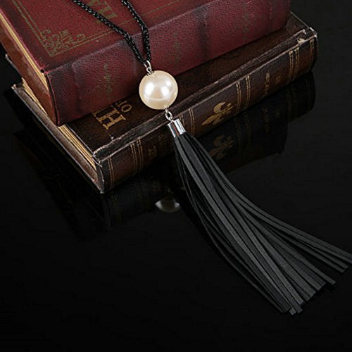 Women's Pearl Leather Tassels Pendant Long Chain Bid Sweater Necklace Jewelry
