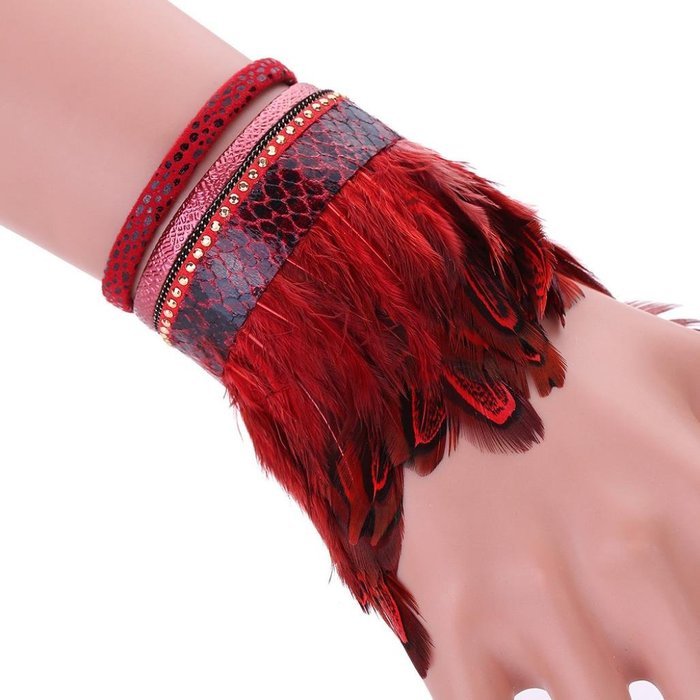 AutumnFall&reg; Women Leather Feather Detail Wrist Cuff Wrap Band Trendy Bracelet (Coffee) N2