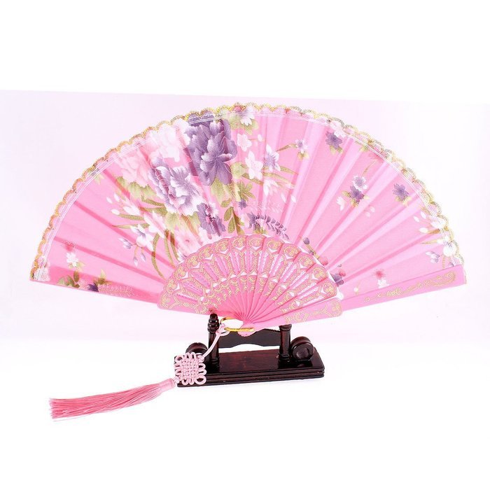 U Ring Hanger Floral Print Chinese Knot Folding Hand Fan w Holder N2