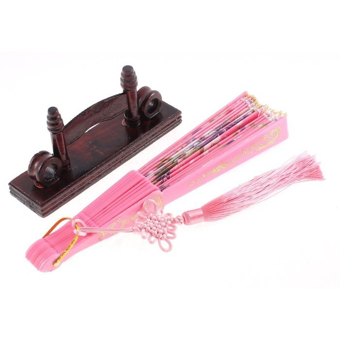 U Ring Hanger Floral Print Chinese Knot Folding Hand Fan w Holder N3