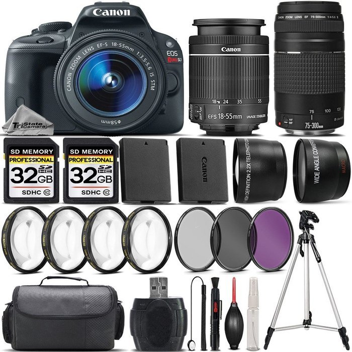 Canon EOS Rebel SL1 DSLR Camera + Canon 18-55mm IS STM Lens + Canon 75-300mm Lens + 0.43X Wide Angle Lens + 2.2x...