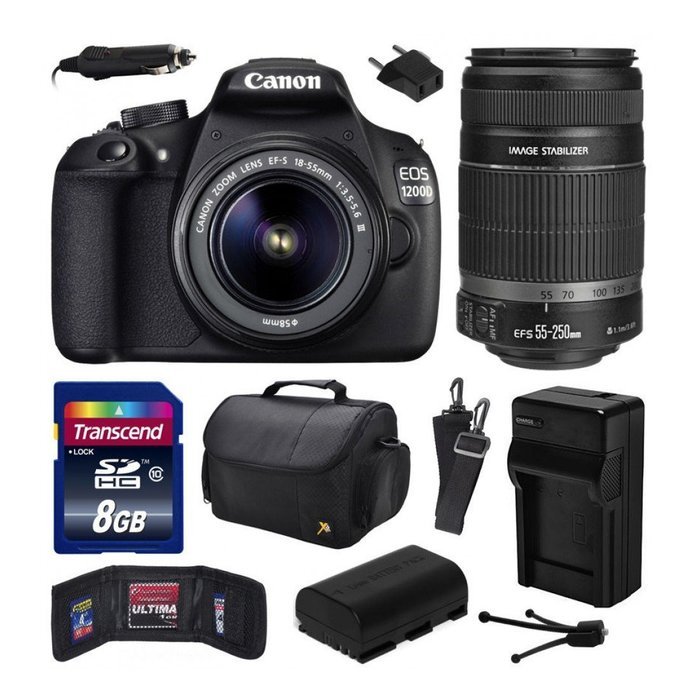 Canon EOS 1200D SLR Camera w/ 18-55mm + 55-250mm IS II Lens (8GB Value Bundle) N2
