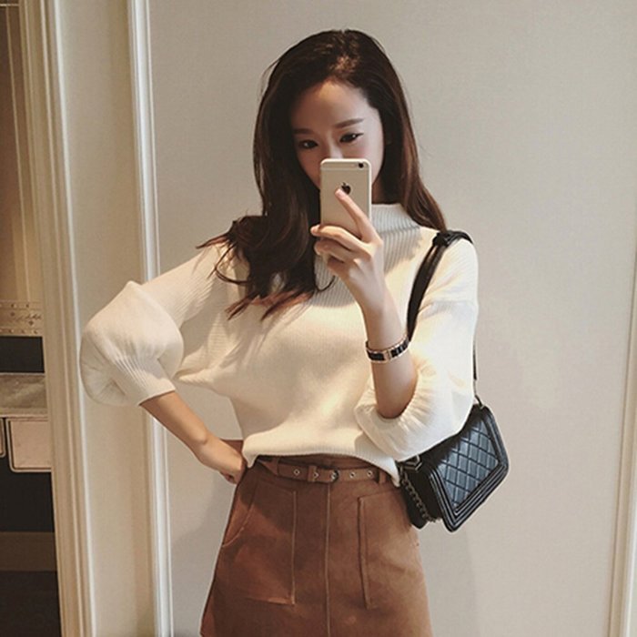 Spritech(TM) Fashion Women Basic Loose Knit Pullover Puff Sleeve Sweatshirt Sweater White N4