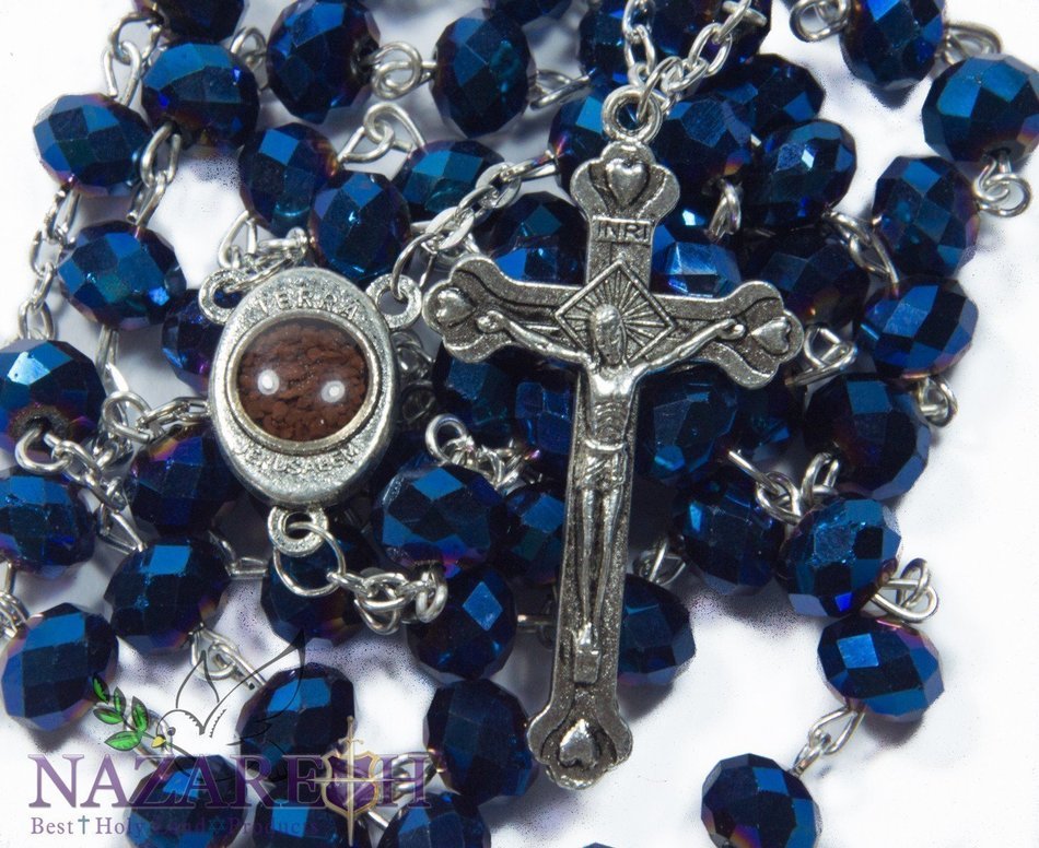 Saphire Blue Crystals Rosary Catholic Necklace With Cross and Holy Soil