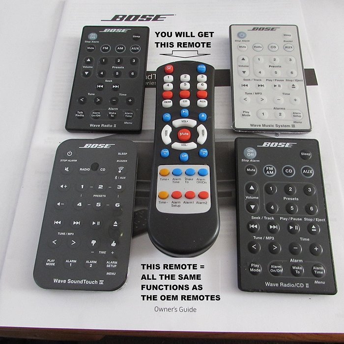 Replacement Remote Control for Bose AWRCC1 , AWRCC2 & Wave Radio II , III & IV Can do single and dual alarm functions.