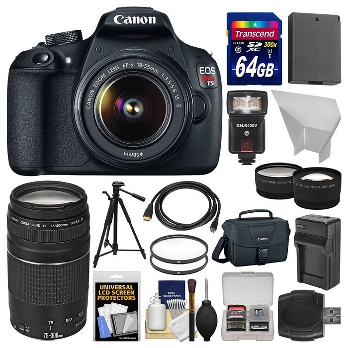 Canon EOS Rebel T5 Digital SLR Camera & 18-55mm IS II & 75-300mm III Lens & Case + 64GB Card + Flash + Battery... N2