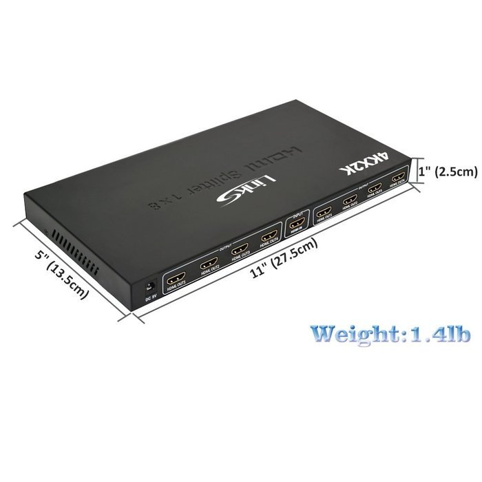 LinkS 1x8 8 Ports HDMI Powered Splitter for Full HD 1080P & 3D Support (One Input To Eight Outputs) N10