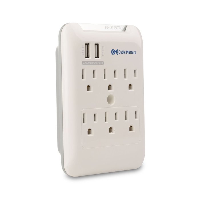 Cable Matters 6-Outlet Wall Mount Surge Protector with 2.4A Dual USB Charging N11