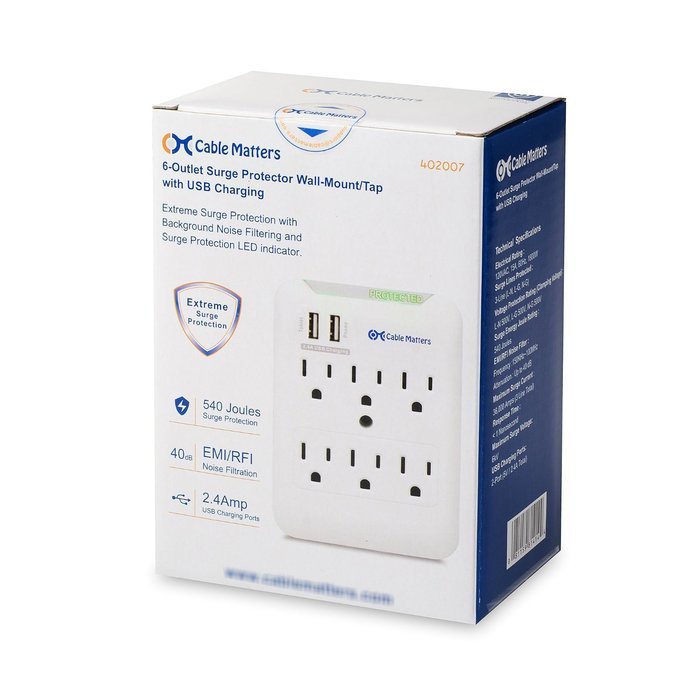 Cable Matters 6-Outlet Wall Mount Surge Protector with 2.4A Dual USB Charging N12