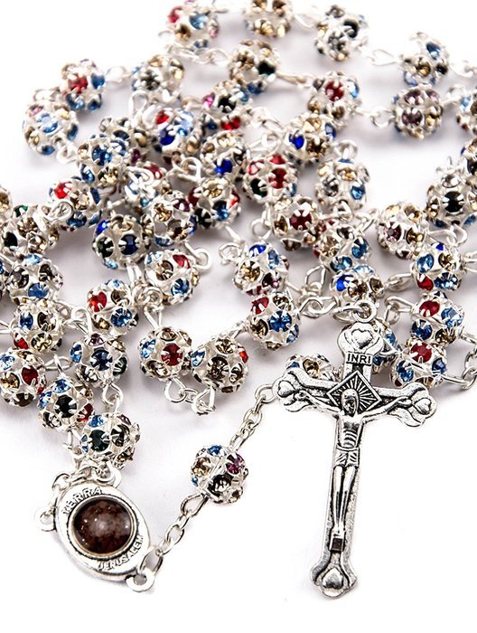 Colorful Zircon Crystals Beads Rosary Catholic Necklace Holy Soil Medal & Cross