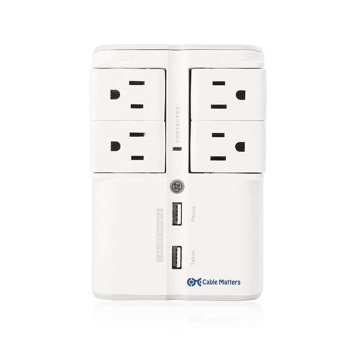 Cable Matters 6-Outlet Wall Mount Surge Protector with 2.4A Dual USB Charging N14