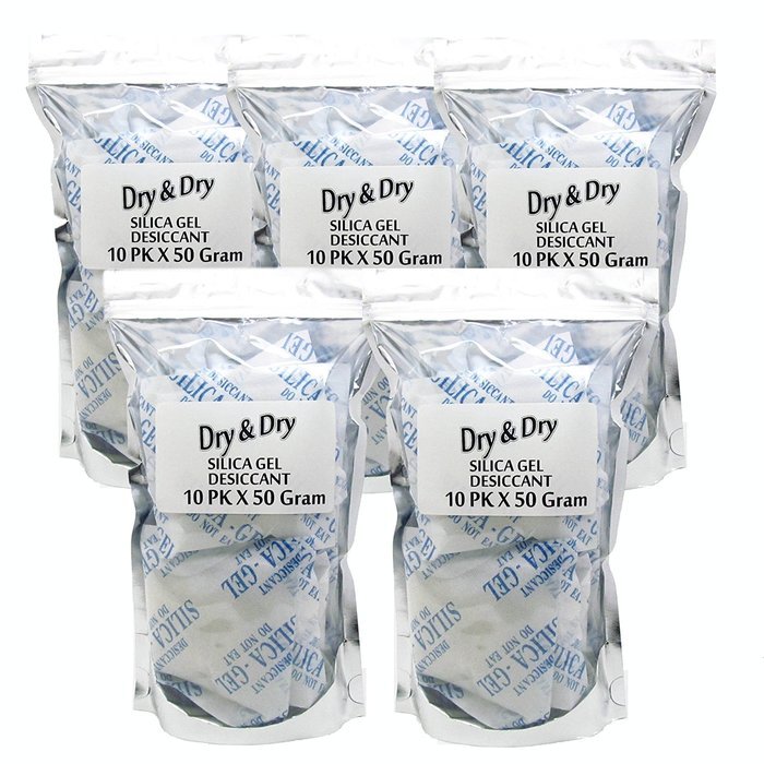 50gm Pack of 50 "Dry&Dry" Silica Gel Packets Desiccant Dehumidifier N2