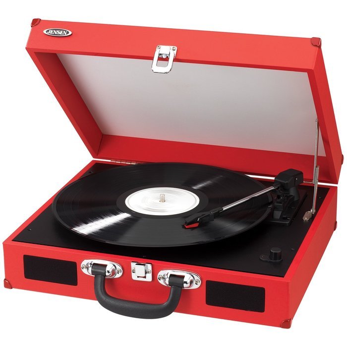Jensen JTA-410-R Portable 3-Speed Stereo Turntable with Built-In Speakers (Red)