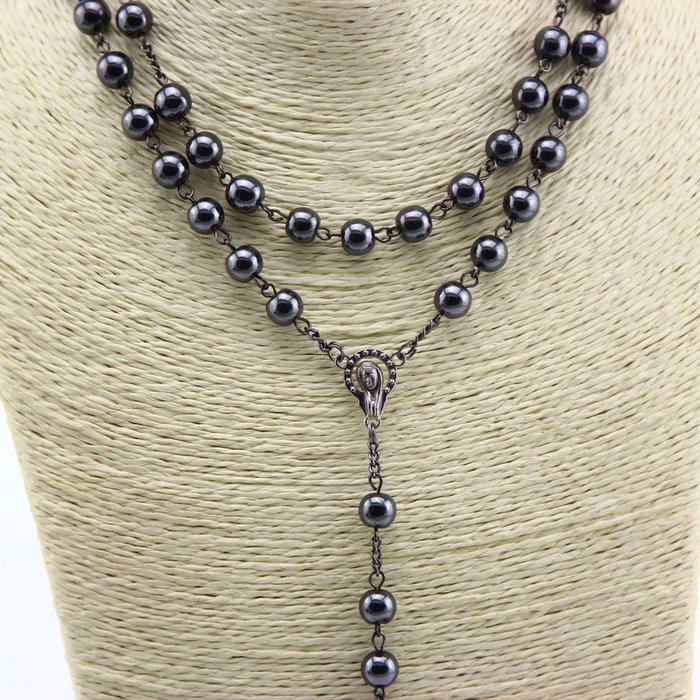 Nonmagnetic Hematite Stone Beads Rosary 8mm Black Catholic Necklace Holy Soil Medal & Cross