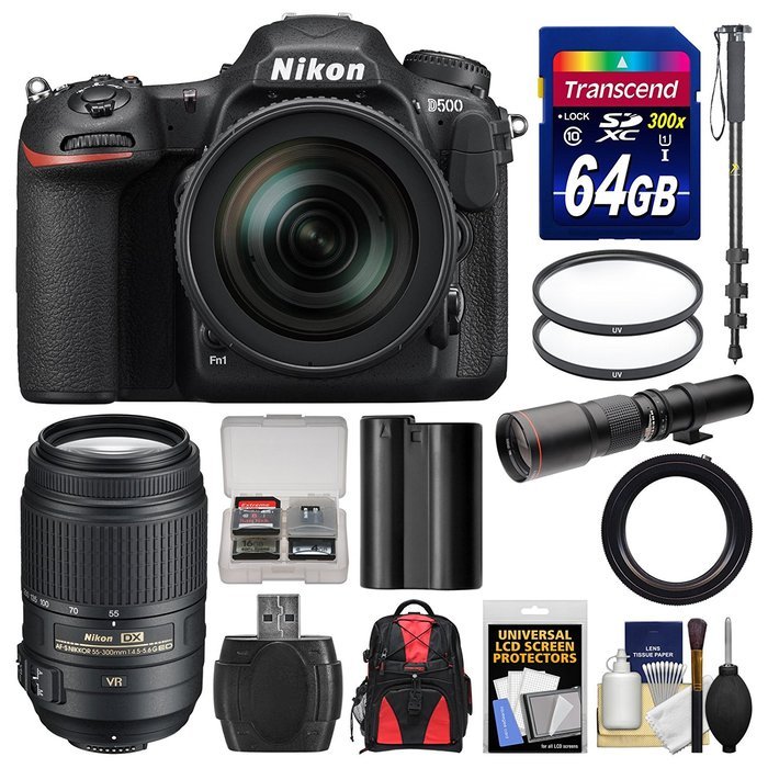 Nikon D500 Wi-Fi 4K Digital SLR Camera & 16-80mm VR with 55-300mm VR & 500mm Lenses + 64GB Card + Backpack + Battery... N4