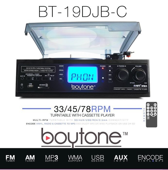 Boytone BT-19DJB-C 3-speed Turntable, 2 Built in Speakers Large Digital Display AM/FM, Cassette, USB/SD/AUX/MP3... N7