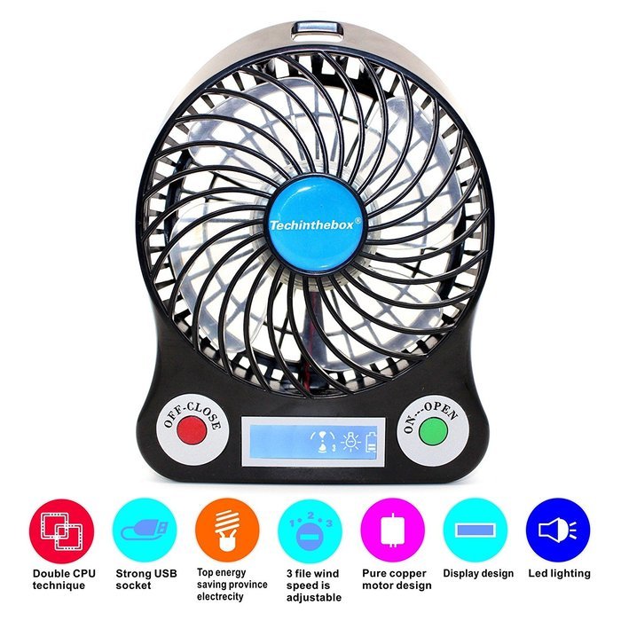 TechIntheBox LED display Portable Fan 4-inch 3 Speeds Mini USB Rechargeable Fan with LED Light Powered By Electric-powered...