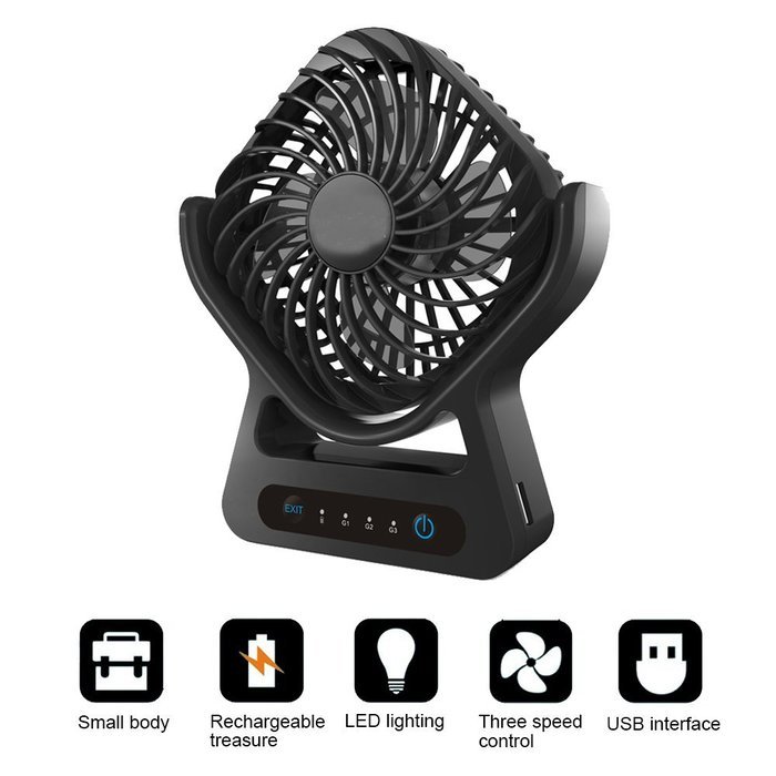 Iwonderful Personal Mini USB Rechargeable Fan,3 Shifting, LED Light,Protable Power Source-Balck