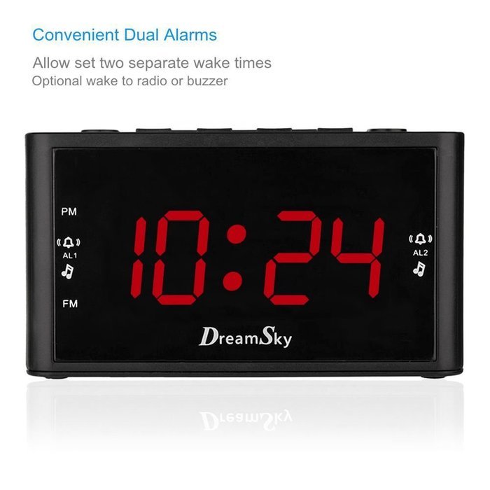 DreamSky Large Display Dual Alarm Clock With AM/FM Radio ,Battery Backup ,Sleep Timer And Snooze , 2 Dimmer Optional N6