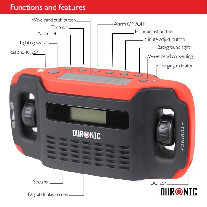 Duronic Apex Digital Display Hand Crank Self-powered Solar Powered AM/FM Radio with Alarm Clock Torch & Phone... N4