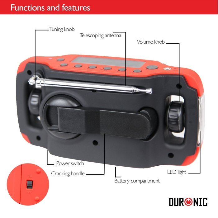 Duronic Apex Digital Display Hand Crank Self-powered Solar Powered AM/FM Radio with Alarm Clock Torch & Phone... N5