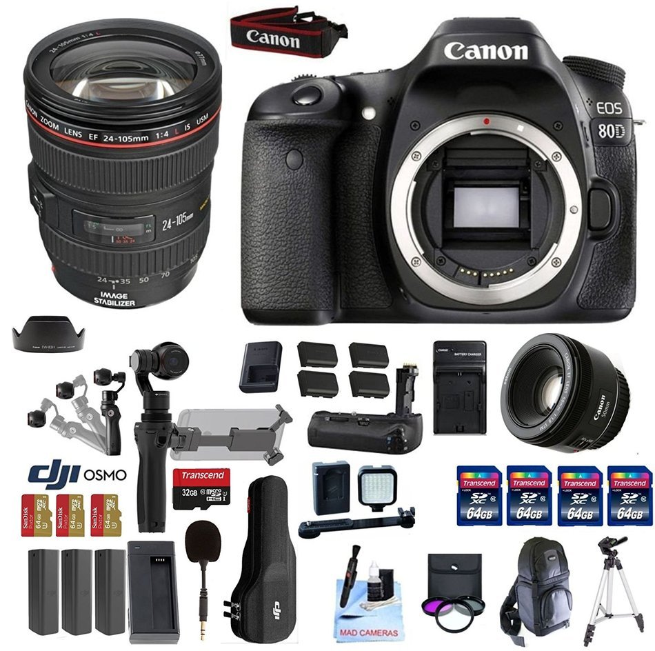 Professional Photographer / Videographer Kit - DJI OSMO 4K Starter Kit + Canon 80D DSLR + Canon 24-105mm L USM...
