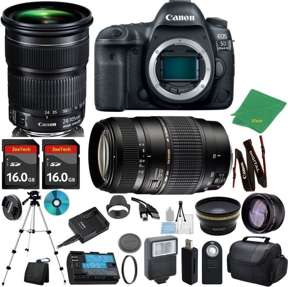 Canon EOS 5D Mark IV with 24-105mm IS STM + Tamron 70-300mm AF + 2pcs 16GB Memory + Case + Reader + Tripod + ZeeTech...