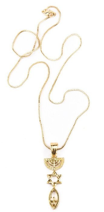 Messianic Star of David Menorah Fish Pendant Gold Plated Necklace From Holy Land