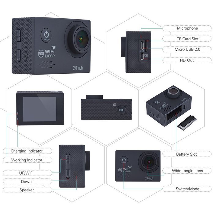 Andoer 1080P 30fps Full HD 12MP Action Camera Waterproof 30 WiFi 2.0" LCD 150 Wide Degree Angle Lens Anti-shake... N11