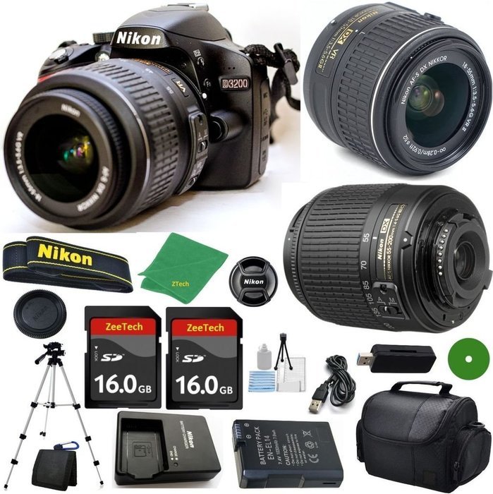 Nikon D3200 - International Version (No Warranty), 18-55mm f/3.5-5.6 DX VR, Nikon 55-200mm f4-5.6G ED DX Nikkor... N2