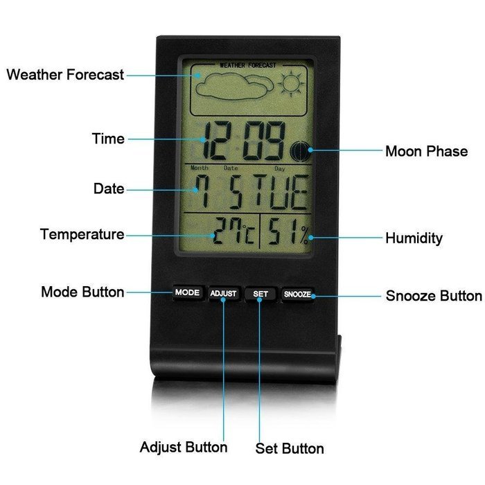KOBWA Digital LCD Humidity Hygrometer Thermo Gauge Monitor with Alarm Clock/ Calendar/ Weather Forecast/ Moon... N2