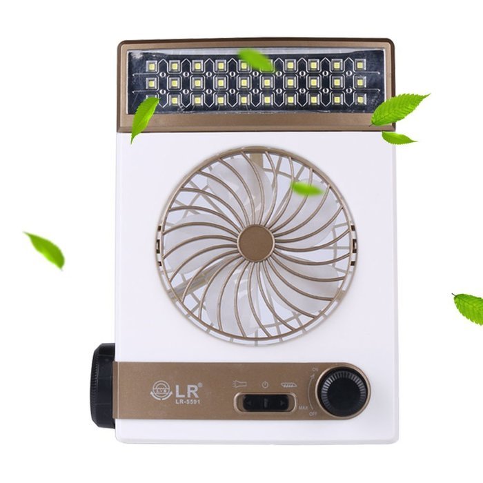 Combo Fan with LED Lantern Light & Rechargeable Flashlight Solar Or Ac Charged (Gold)
