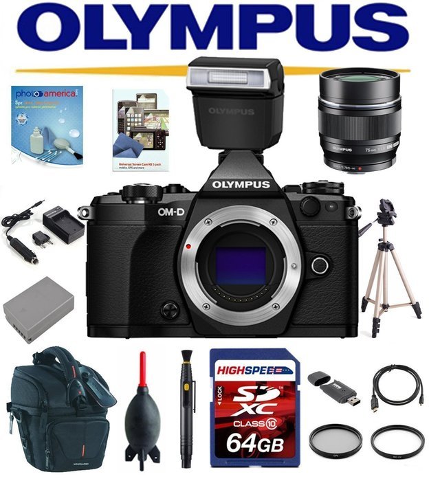 Olympus OM-D E-M5 Mark II W/ Olympus FL-LM3 Flash, Olympus M.ZUIKO DIGITAL ED 75mm f1.8 Lens, 64GB Deluxe Kit...
