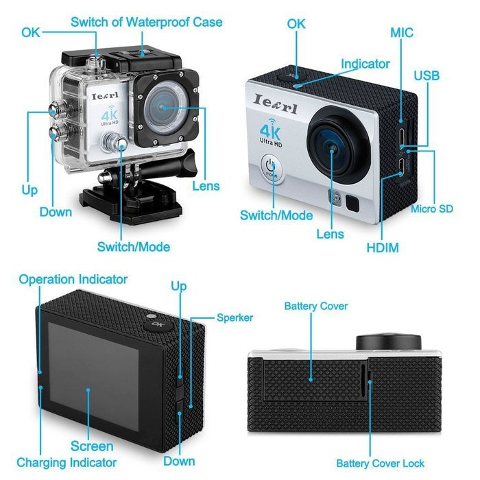Iearl IE8000 Ultra HD 4K Sport Action Camera 2 Inch WiFi HDMI 16MP 30M Waterproof 170 Degrees Wide Viewing Angle... N22