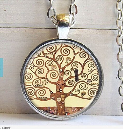 Gustav Klimt Tree Of Life Pendant, Tree Of Life Necklace, Silver And Glass Dome Art Necklace