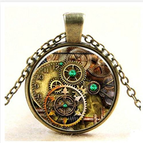 Vintage Retro Punk Cabochon Glass Pendant Silver Bronze Chain Necklace Jewelry N3