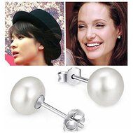 New Silver Plated White Pearl Ear Stud Studs Earrings Women Lady