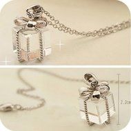 Transparent Gift Box Bow Chain Necklace Sweater Pendant Silver Jewelry Gift