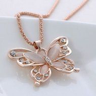 Women Rose Gold Opal Crystal Butterfly Pendant Necklace Sweater Chain Jewelry